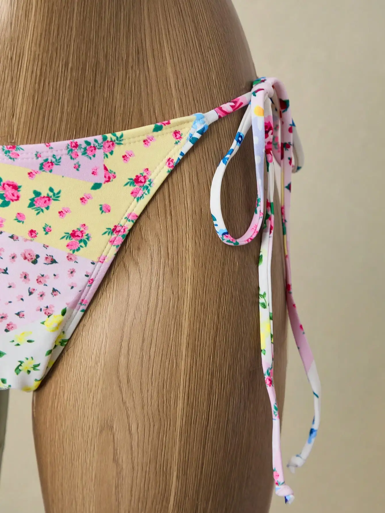 

Women's Floral Patchwork Triangle Bikini Set With Ruched Drawstring Skirt