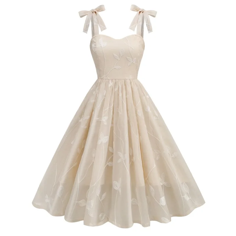 

Cross border European and American suspender embroidered dress cocktail vintage Hepburn dress