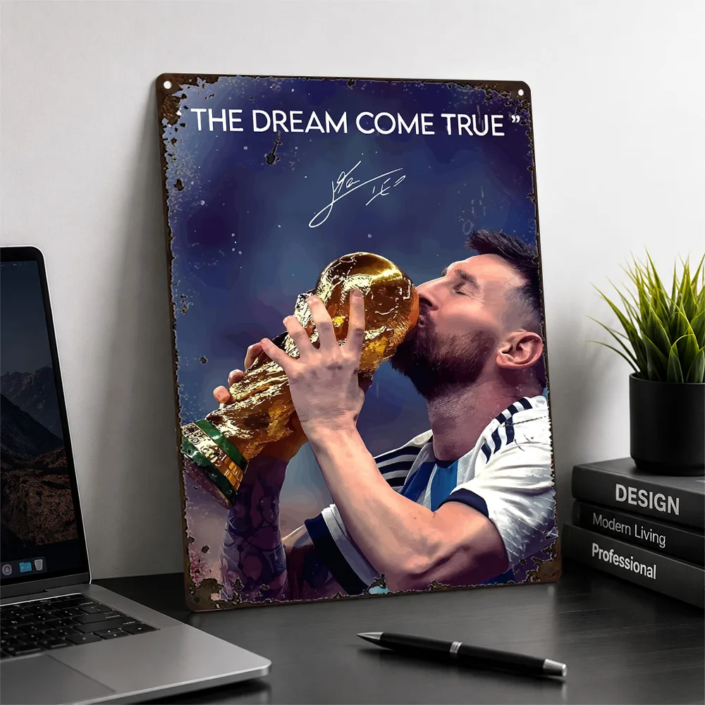 Messi Kissing Trophy Printed Poster Photographic Wall Art For Training Studio Personalized Aluminum Metal Sign Soccer Fan Gift