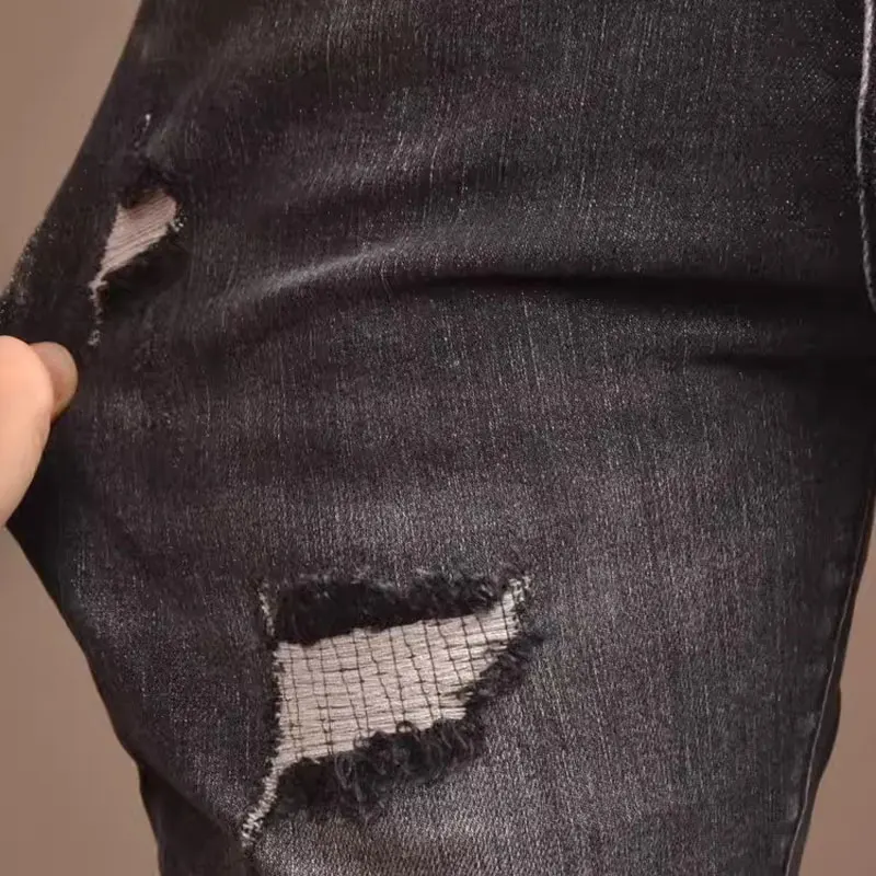 Fashion Streetwear Men Jeans Retro Black Gray Elastic Slim Fit Ripped Jeans Men Vintage Designer Denim Pencil Pants Hombre