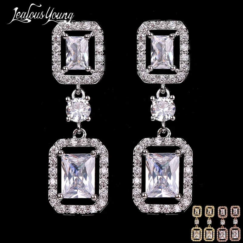 Luxury Square Cubic Zircon Korean Long Earrings Elegant Wedding Earrings for Women Bridal Jewelry Dress