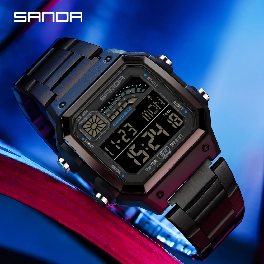 SANDA 6196 Fashion Men's Electronic Wristwatch Multifunctional Luminous Dial Calendar Waterproof Sports Digital Watches for Man
