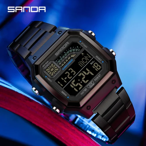Imagen 2 del producto SANDA 6196, reloj de pulsera electrónico a la moda para hombre, Esfera luminosa multifuncional, calendario, relojes digitales deportivos impermeables para hombre