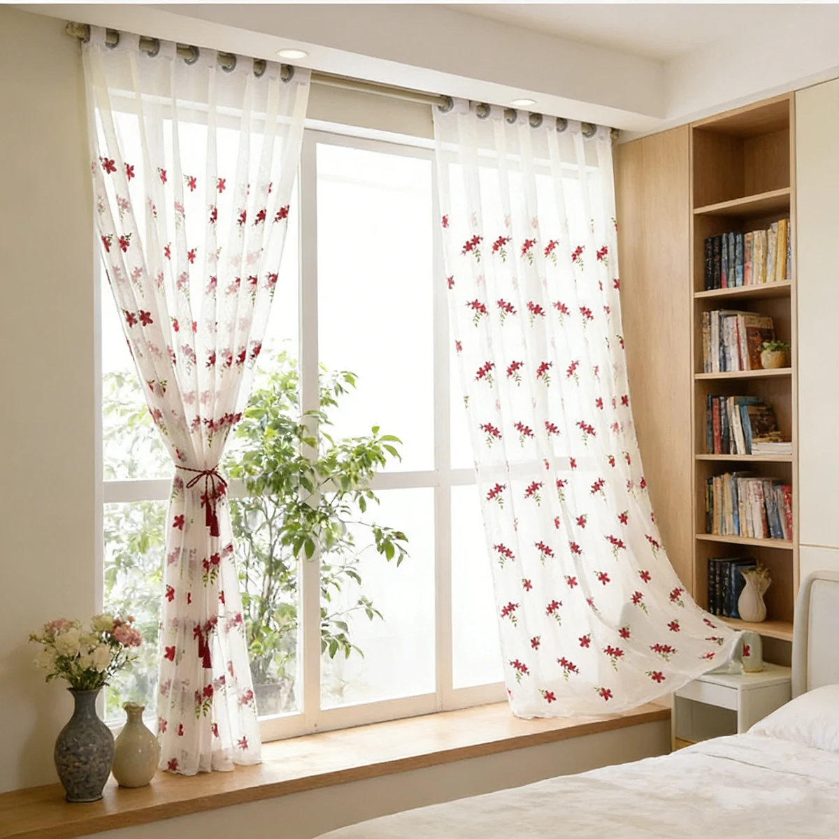 1Pc,Pastoral Floral Red Curtains White Embroidered Voile Modern Window Living Room Tulle Curtain Fabrics