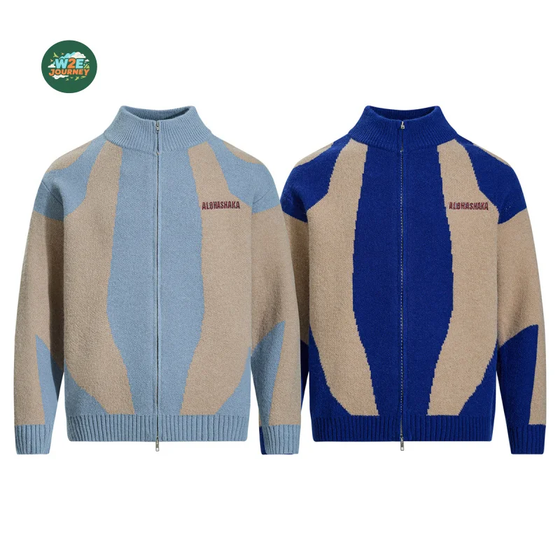 

W2EJOURNEY, высокое качество, размер ЕС, США, роскошный уличный модный брендовый зимний кардиган с воротником-стойкой, куртка унисекс, свитер с цветными блоками