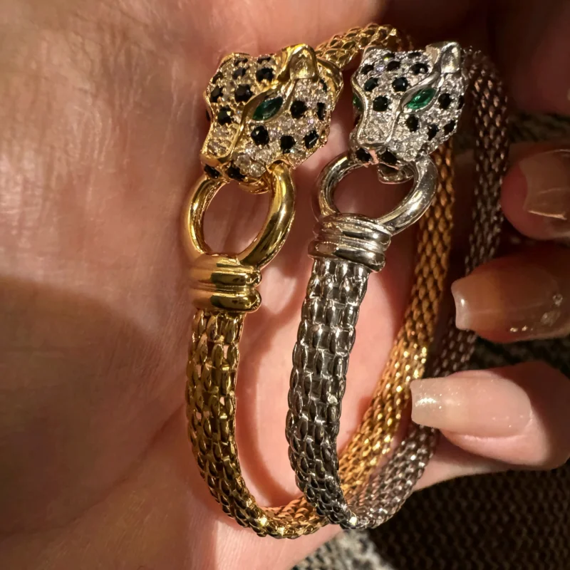 Cameo 925 Silver Leopard Head Bracelet K GoldPlated Inlaid CZ Green Eyes Woven Chain Bangle Jewelry Birthday Gift