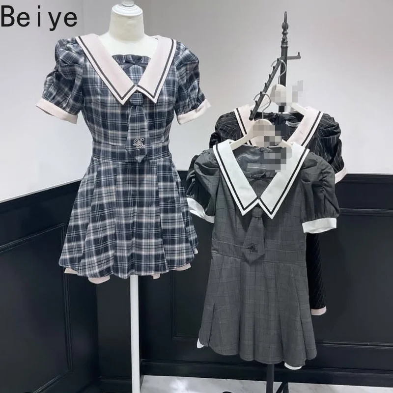 Japanese Sweet Navy Style Lapel Dress Female Temperament Waist Black Fairy Dresses Women's Short Sleeve College Sweet Dress