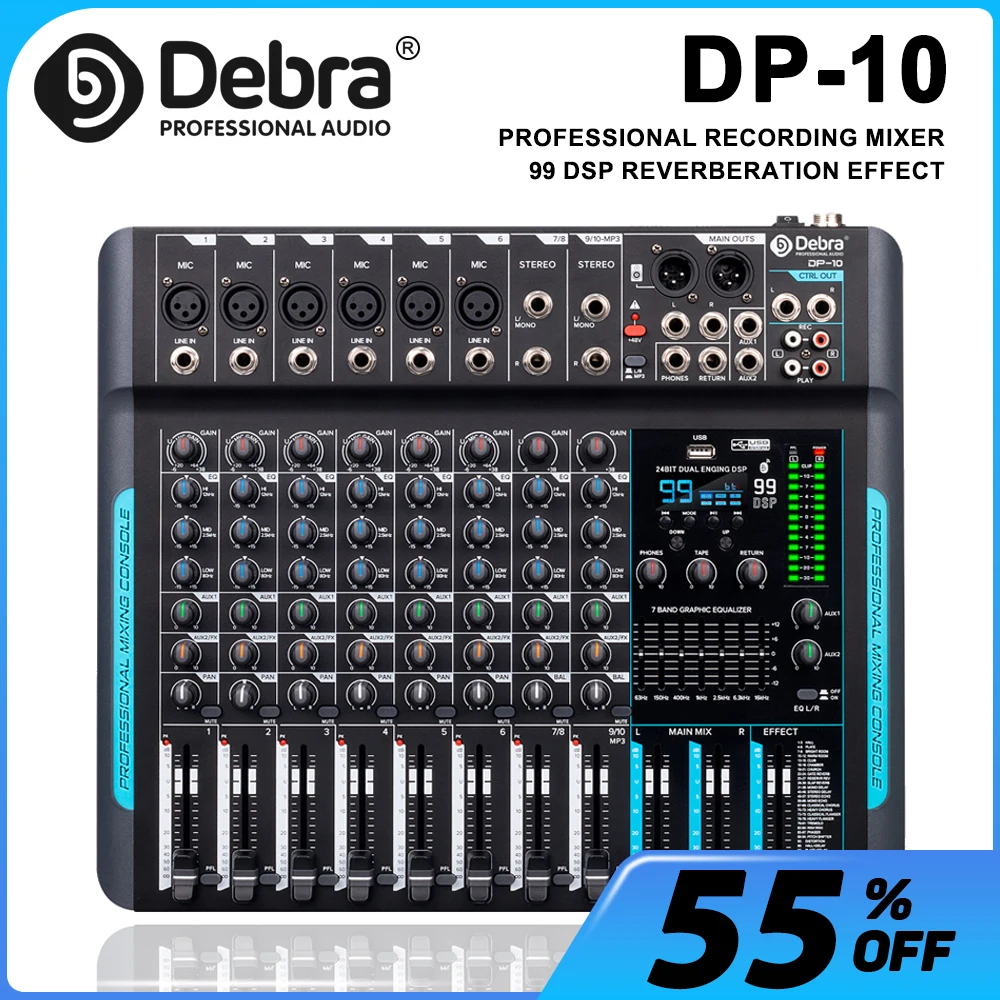 

Debra DP-10 Audio микшер DJ-контроллер, 99 DSP 10-канальный микшер для реверберации с Bluetooth 5,0 для профессиональной производительности