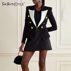 TWOTWINSTYLE Colorblock Spliced Button Blazers For Women Lapel Long Sleeve Slimming Chic Jacket Female Fashion Style Clothing