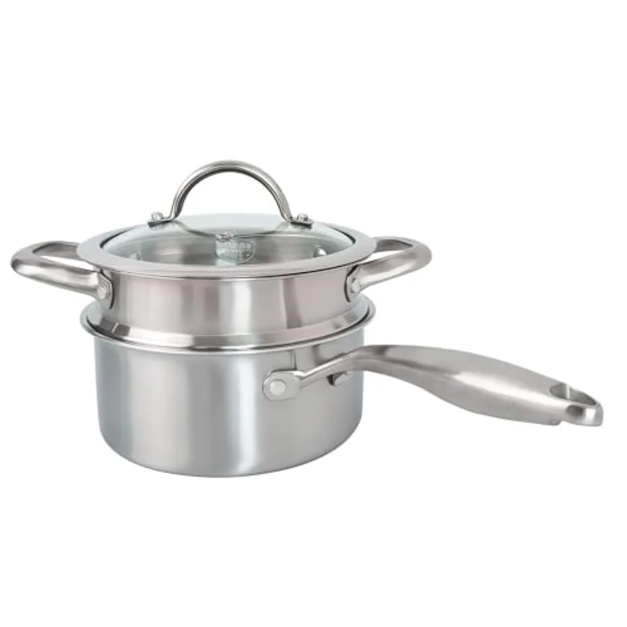 

Сотейник из нержавеющей стали на 2,5 кварта с пароваркой, 18/10, трехслойный, цельнометаллический, многофункциональный, с крышкой из стекла, идеально подходит для приготовления соусов и запекания.