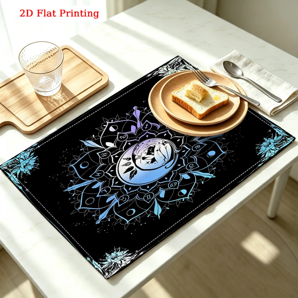 2Pcs Bohemian Moon Mandala Placemat Black Blue Floral Print Table Mat Kitchen Dining Decor Non Slip Heat Resistant 30X40Cm