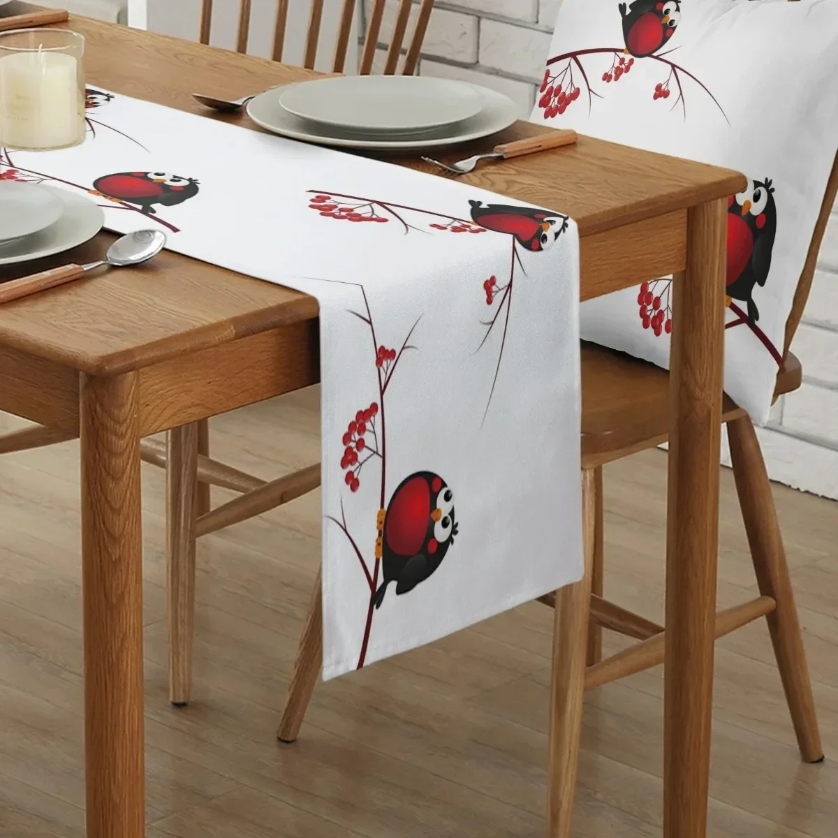 Cute Warbler Bird Branch Fruit Table Runner Wedding Dining Table Decoration Xmas Dining Tablecloth