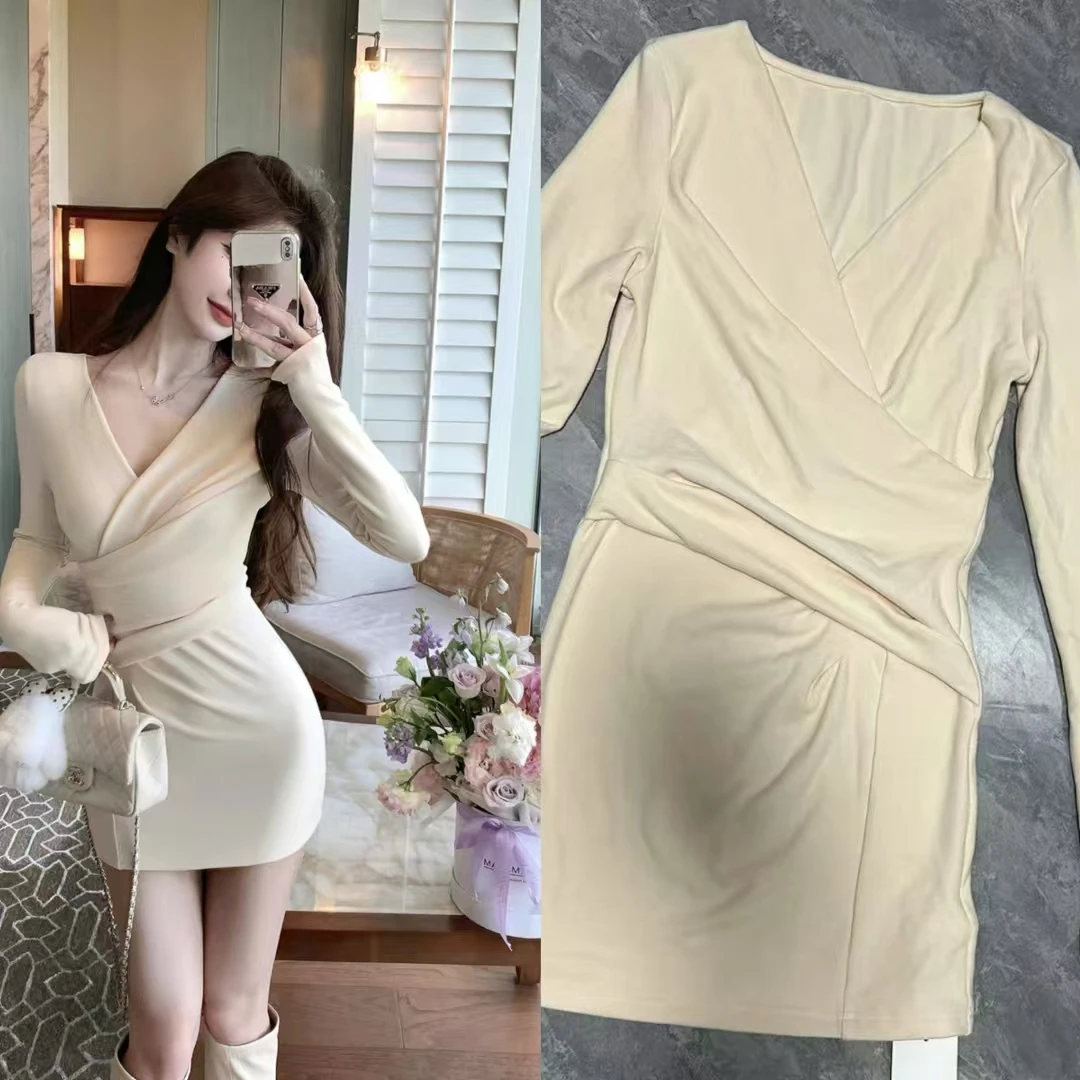 

Sweet Hot Girl Pure Sexy V-neck Dress Women's Autumn Winter Long-sleeved Slim Fit Short Dress Fashion Female Clothes