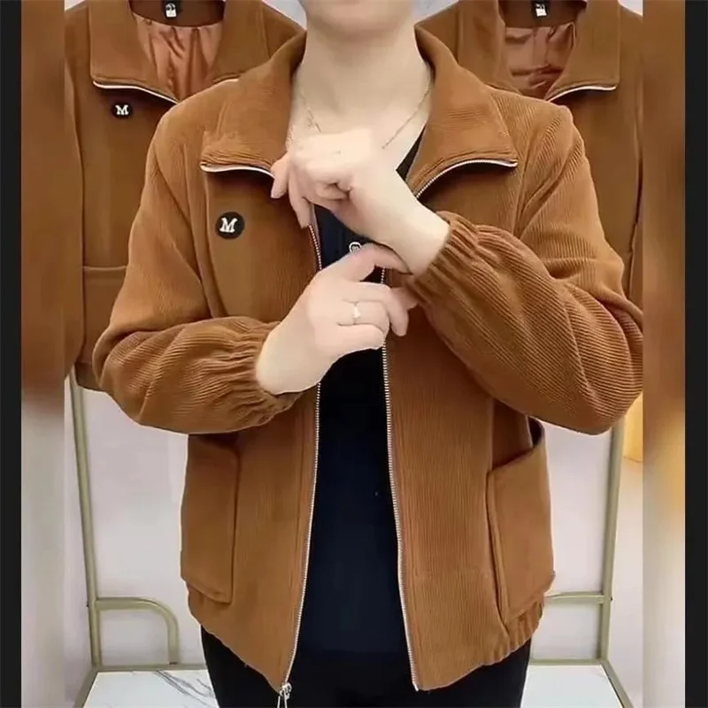 

Куртка на подкладке для матери среднего возраста, осенне-зимняя женская вельветовая верхняя одежда большого размера 5XL, женское модное вельветовое пальто с длинными рукавами ﻿