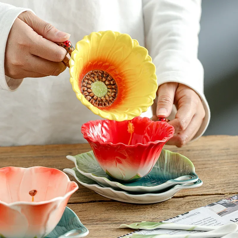 180ML Sun Flower Mug European Couple Afternoon Tea Coffee Cup Saucer Set Home Office Ceramic Tea Cup Drinking Set Wedding Gift