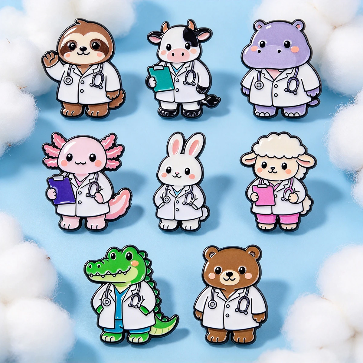 Kawaii Medical Animal Lapel Pins Sloth Cow Hippo Axolotl Rabbit for Backpacks Hats Clothes Bags Decors Accessories Gifts Friends view 6