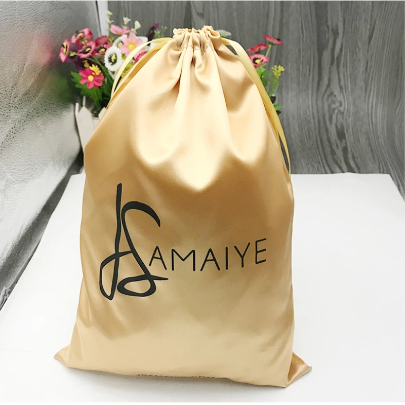 Custom Logo Satin Drawstring Bag Makeup Shoes Clothes Virgin Hair Extensions Wigs Packaging Bags Storage Christmas Wedding Candy