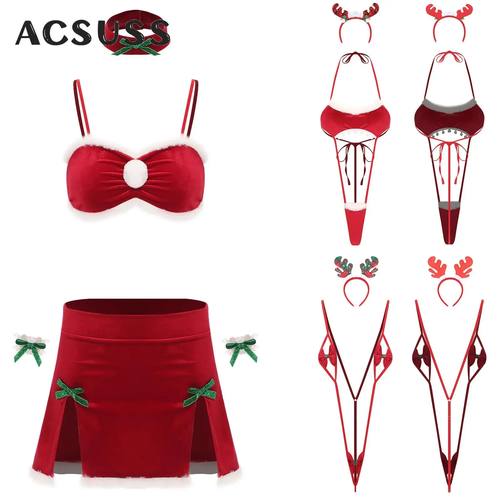 

Женское сексуальное рождественское белье без рукавов, бархатное бикини с прорезями, микропокрытие, экзотический костюм миссис Клауса, ночная рубашка, клубная одежда