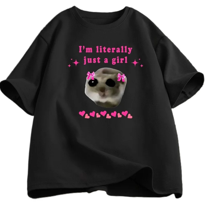 Camiseta Triste Hamster I'm Just Little Girl para hombre, camisetas holgadas con cuello redondo, camisetas gráficas divertidas, camiseta informal de manga corta para hombre de verano