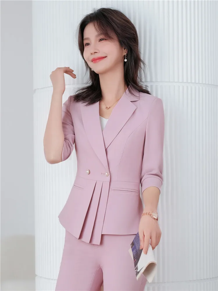 Summer Women\'s  Office Ladies Half Sleeve business attire Blazer Yellow White Double Breasted Thin Coat Female Oversize5XL