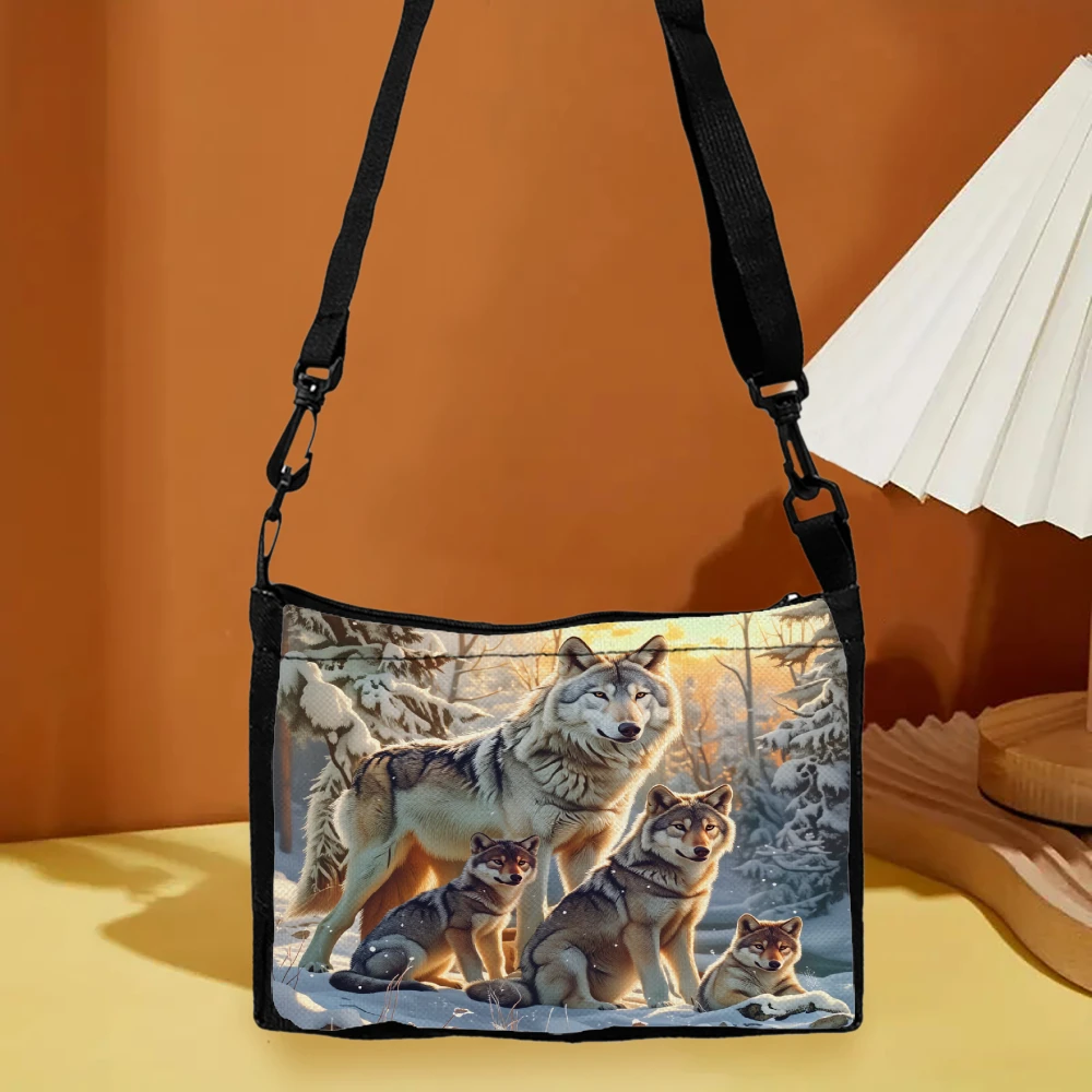 Wolf Family Winter Scene Crossbody Bag Black Wolf And Snow Landscape Print Shoulder Bags For Women Outdoor Nature Adventure Trav