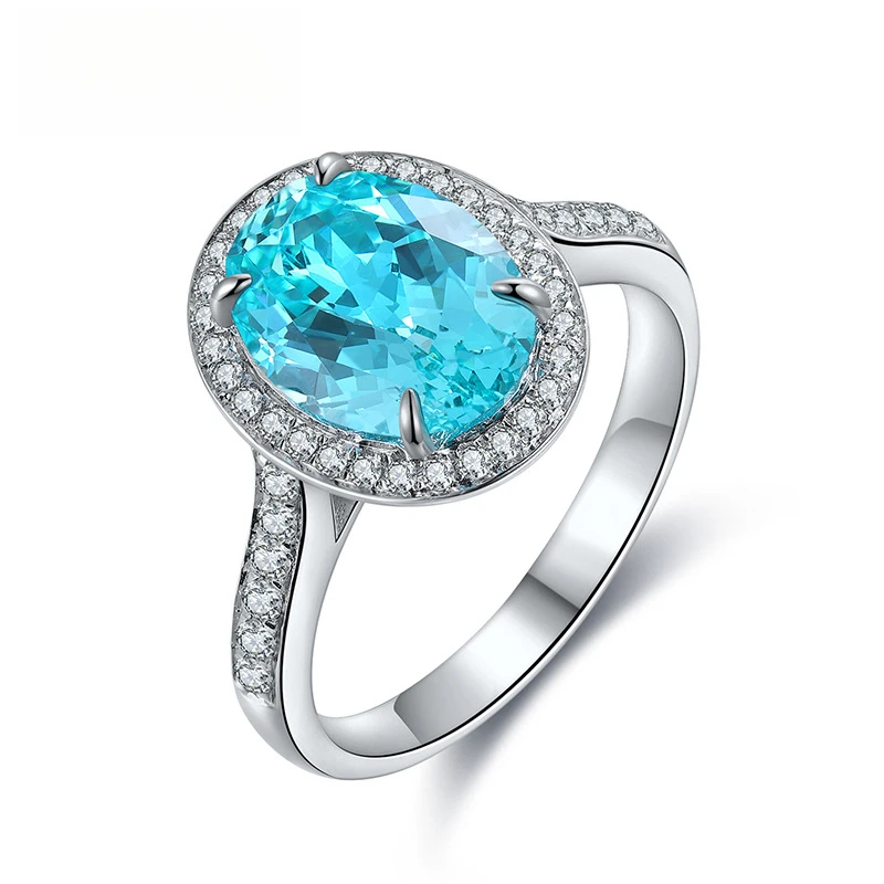Lab Grown Paraiba Gemstone 8*10.5MM Oval Shape Blue Color Silver Engagement Ring For Christmas Custom Gift