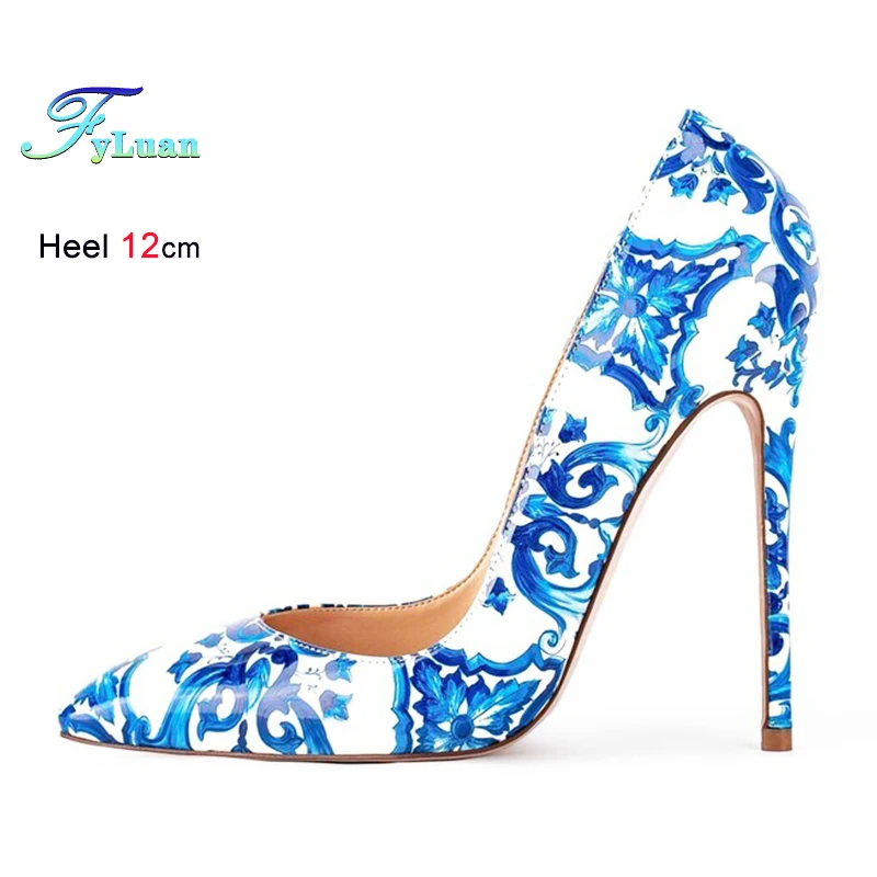 

2025 Новые синие и белые фарфоровые модные женские туфли-лодочки на высоком каблуке в Европе и Америке, сексуальные туфли в стиле ретро с острым носком на тонком каблуке