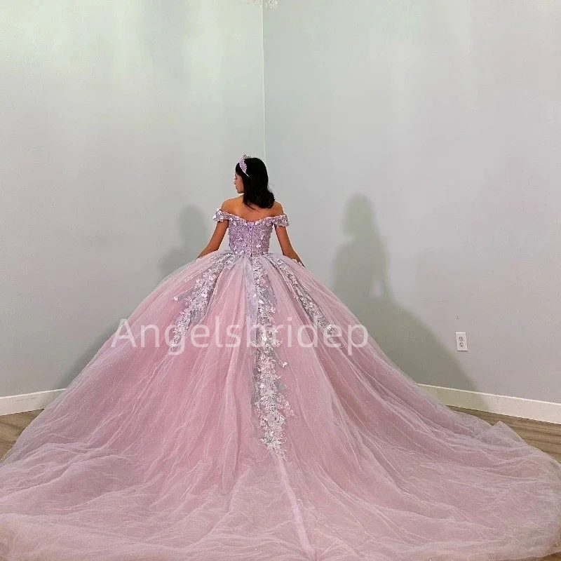 Angelsbride Long Train Pink Ball Gown Quinceanera Dresses With Appliques Beading Vestidos De 15 Años Quinceañeras