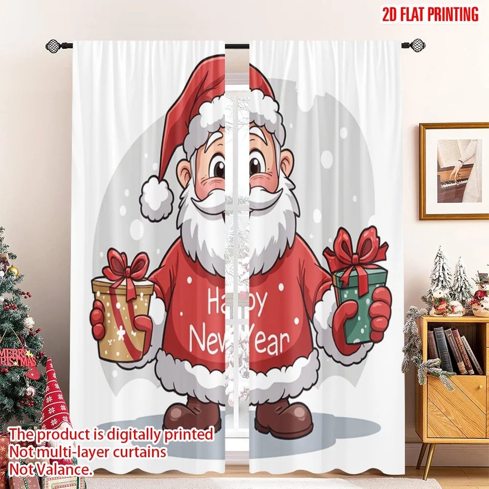 

2pcs 2D flat printing Christmas Party Curtain Cute Santa Happy New Year Gift 100% Polyester Without Electricity Family Party Use