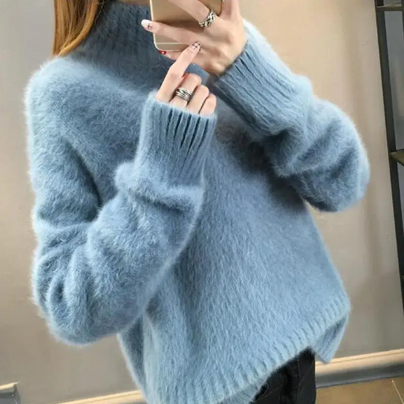 Suéter de lana de visón grueso para mujer, Tops de manga larga de cuello alto, Jersey de punto informal, suéteres de moda coreana, ropa de invierno