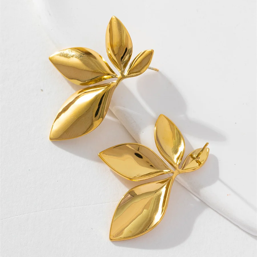 Women\'s Vintage Fan Leaf Shape Earrings Stud Temperament Gold Color Big Earrings Personality Simple Party Jewelry Gift