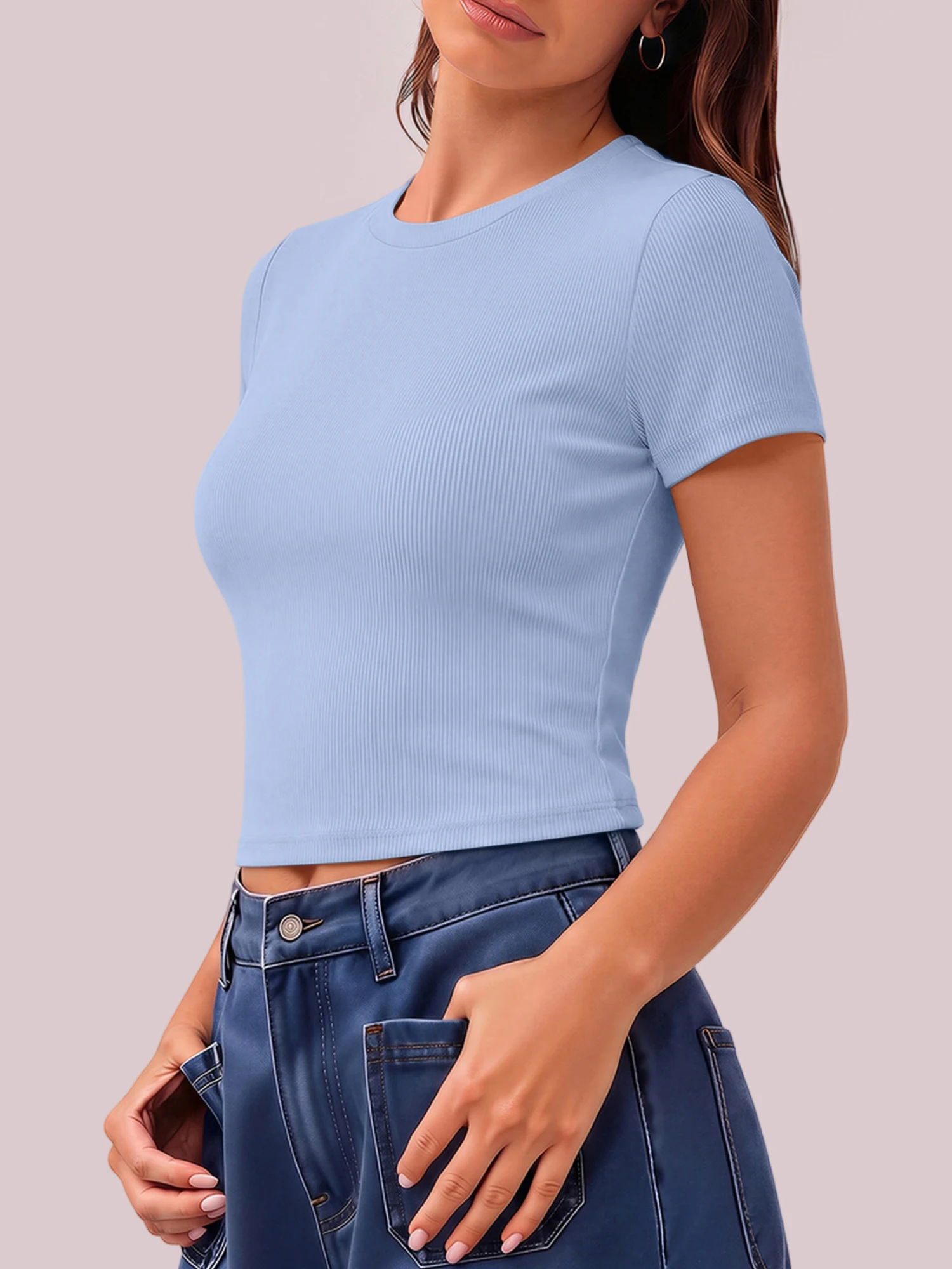 Airy Summer Ribbed Cropped Crew‑Neck T‑Shirt, Buttery‑Soft Short‑Sleeve Top for Coastal Getaways and Road Trip Wardrobes