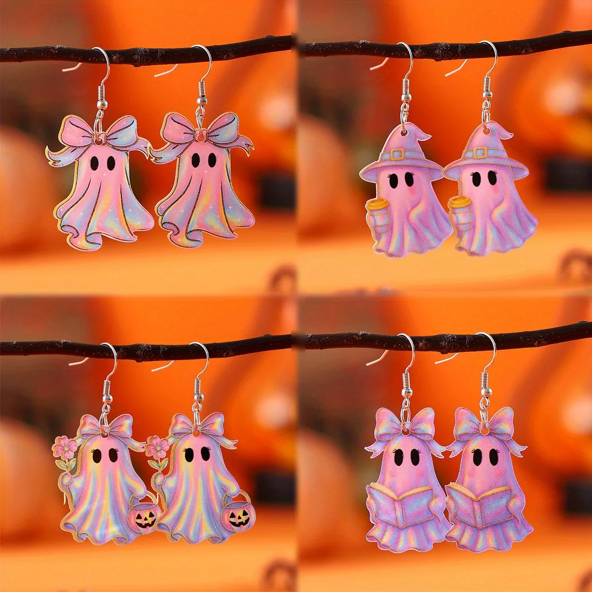 Cute Rainbow Ghost Hook Earrings Multi-Style Cartoon Pastel Ghost Pendant Lightweight Novelty Ladies Halloween Cosplay