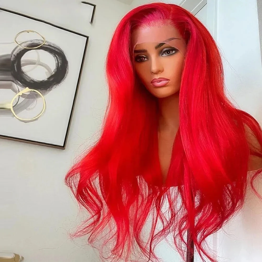 ZXBMALWIGS Colored Red 13x4 Synthetic Hair Glueless Lace Front Wigs For Women Body Wave  Lace Frontal Wig Fiber Cosplay Daily