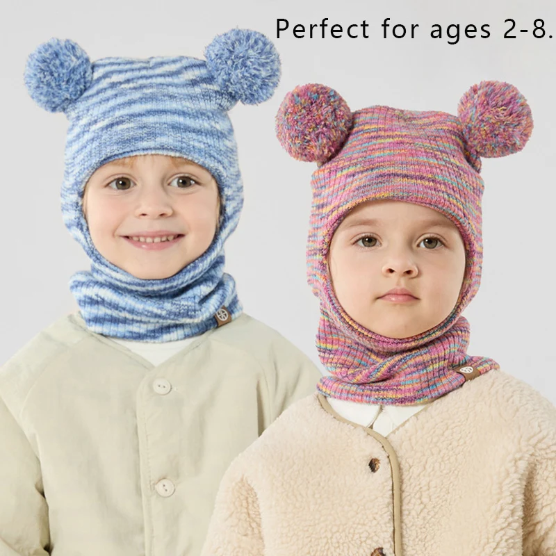Kids 3-in-1 Balaclava Hat with Bear Ears Double Pom Pom Winter Knit Cap Windproof Ear Neck Protection for Toddlers 2-8 Years