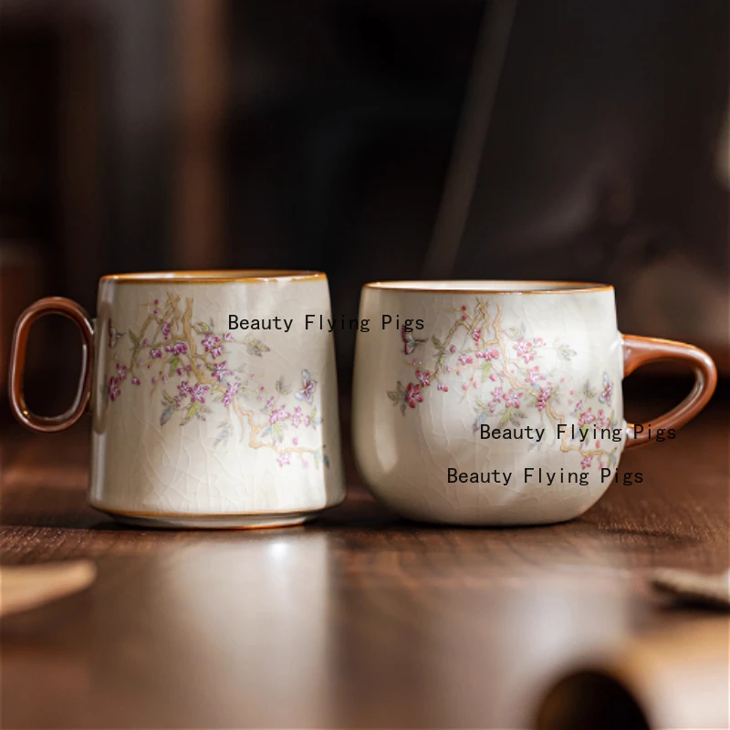 

1pc Peach Blossom Ceramic Teacup, Tea Cup with Handle, Office Supplies, Household Tea Cup for Drinking, Ice Cracked Glaze