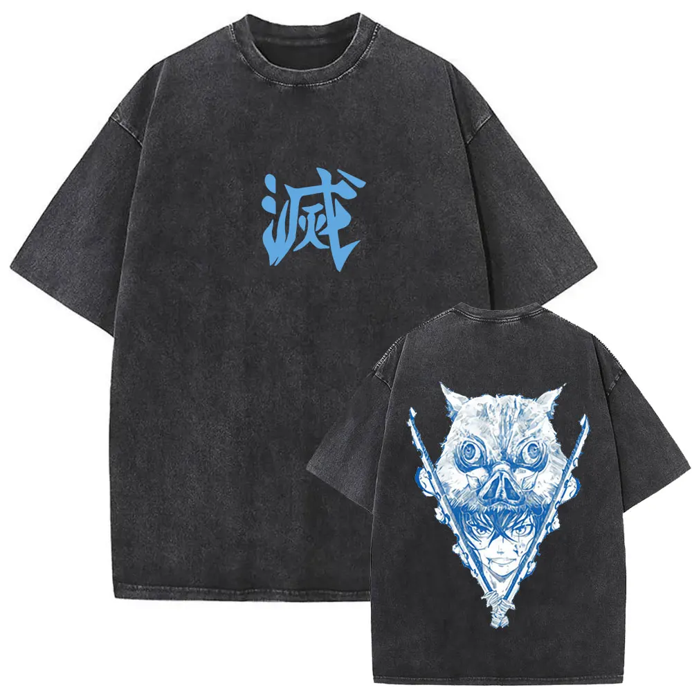 

Washed Vintage Anime Demon Slayer Hashibira Inosuke Double Sided Print T-shirt Summer Men Women Casual Cotton Oversized T Shirt