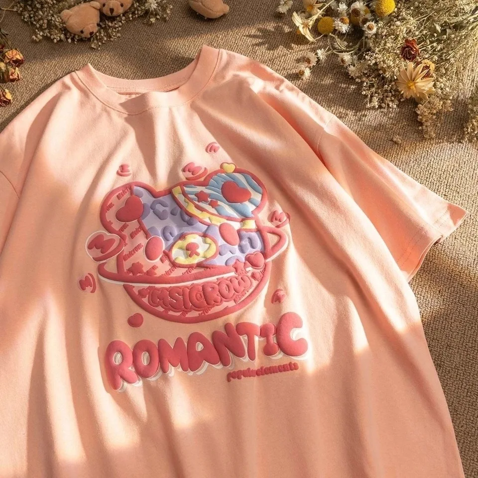 تيشيرت نسائي صيفي Harajuku موديل 2022 مطبوع عليه حروف الدب مطبوع تي شيرت بأكمام قصيرة تي شيرت كبير الحجم للسيدات في سن المراهقة لطيف وجميل