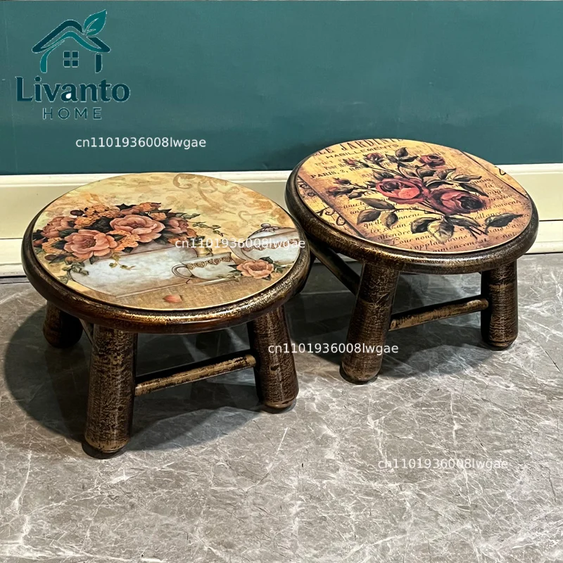 

American Country Wooden Stool Cute Cartoon Children's Chair Household Round Low Stool Retro Art Footrest Livingroom Furniture 걸상