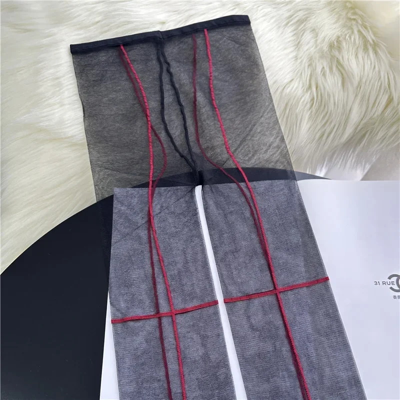 Women Sexy Red Cross Shrimp Silk Stockings Ultra-thin Anti-hook Silk Pantyhose Women's Legs Black Silk Vertical Bottom Socks New