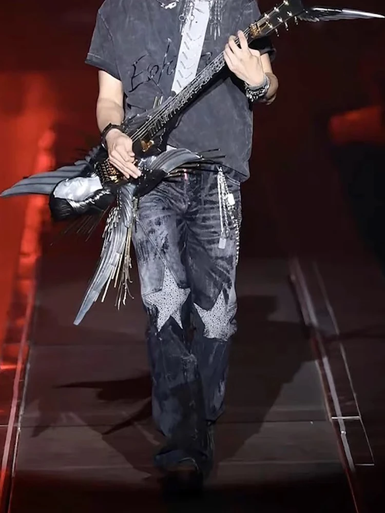 

Мужские повседневные джинсы свободного кроя с широкими штанинами, стразами в виде пятиконечной звезды, из хлопковой ткани, с низкой посадкой, на молнии, в уличном стиле