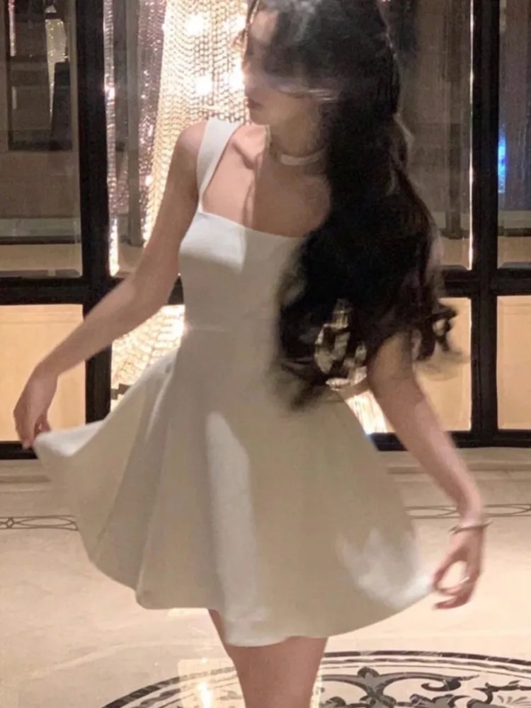 Elegant France Princess Party Evening Short Dresses Wide Straps Women's Clothes 2025 New Summer Plain Corset Sweet Tutu Dress