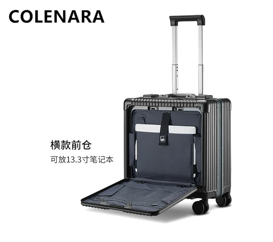 COLENARA ABS+PC Luggage Front Opening Laptop Boarding Case 18 Inch Aluminum Frame Trolley Case USB Charging Carry-on Suitcase