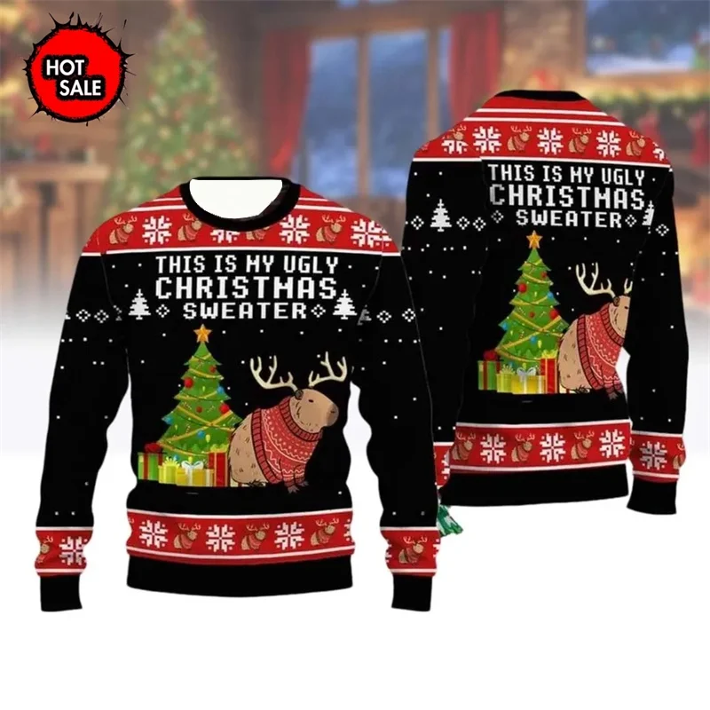 Cute Capybara Pattern Ugly Christmas Sweater Long Sleeve Pullover for Adult And Kid Warm Festive Family Outfit Apparel