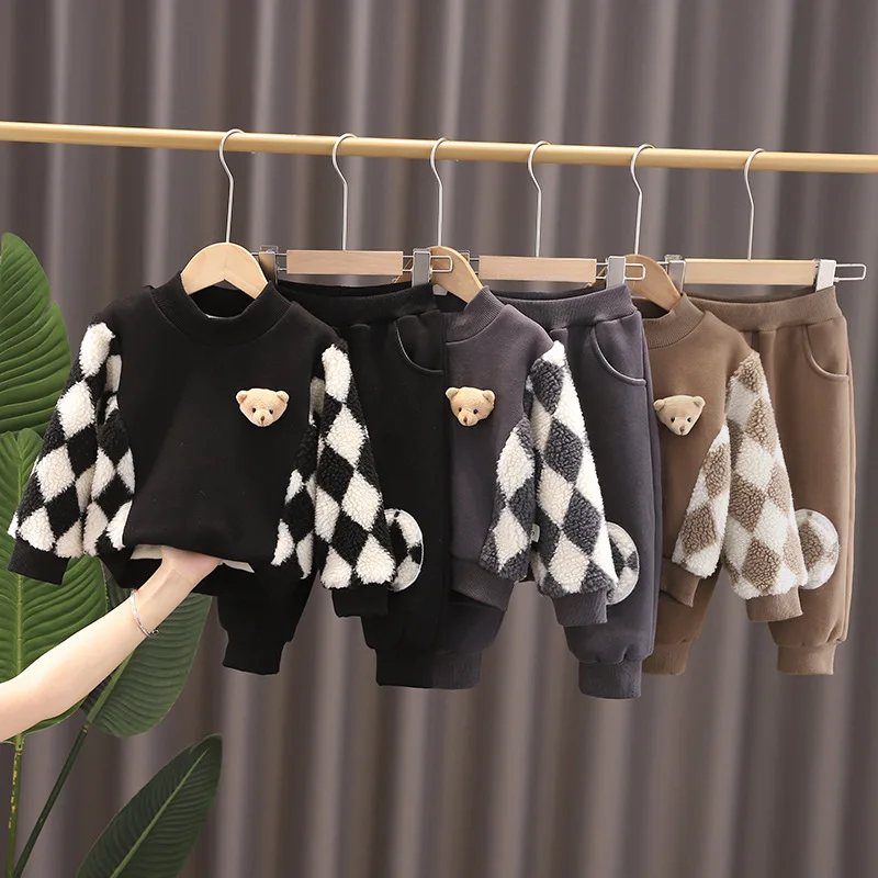 

Winter Baby Boys Sets Thickened Warmth Clothing For Children Diamond Pattern Long Sleeve Bear 2pcs Set Kids Girl Suits 0-4 Year