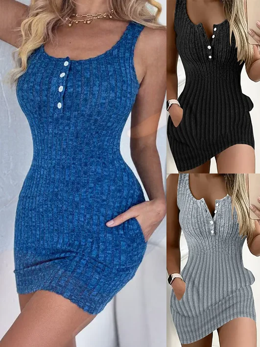 Button Front With Pocket Tank Dress Elegant Sleeveless Bodycon Dress For Spring Summer Women\'s Clothing