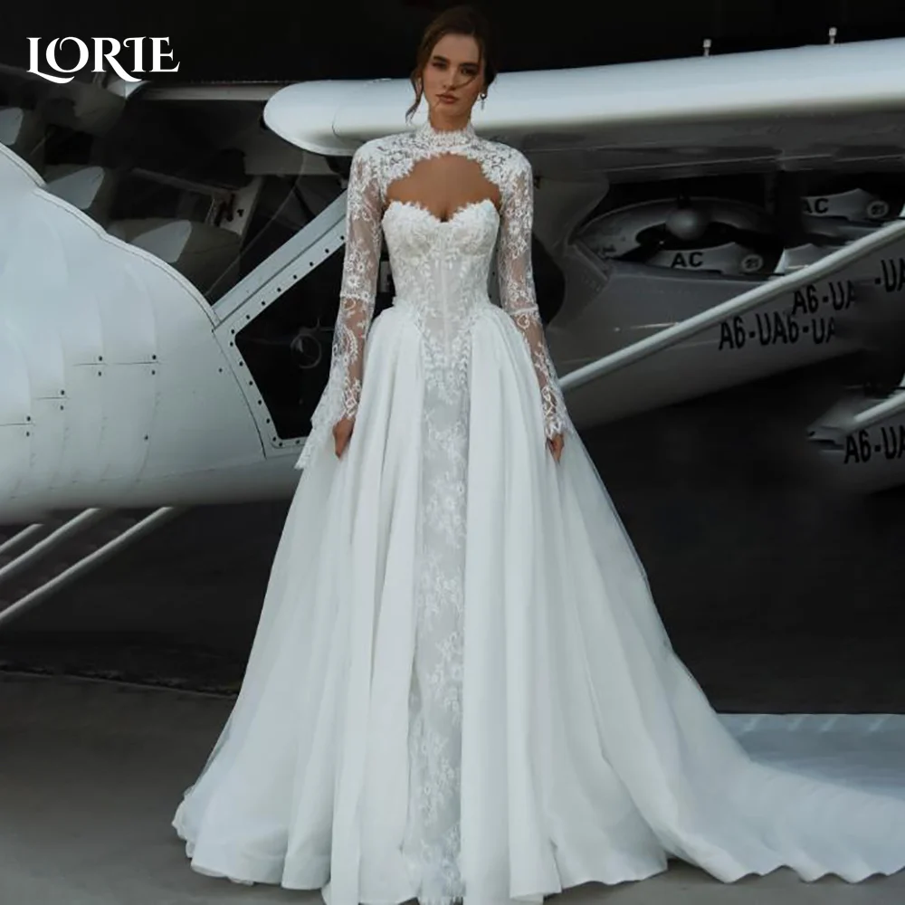 

LORIE Lace Wedding Dress High Collar Long Sleeve A-line Appliques Mermaid Bride Gown Elegant Boho Bride Dress vestidos de novia