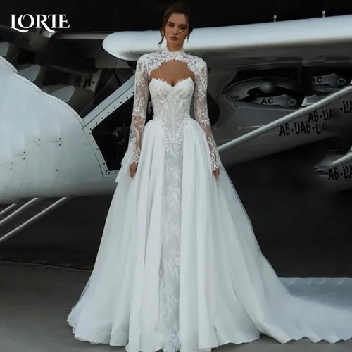 Imagen 1 del producto LORIE vestido de novia de encaje cuello alto manga larga A-line apliques sirena vestido de novia elegante vestido de novia bohemio vestidos de novia