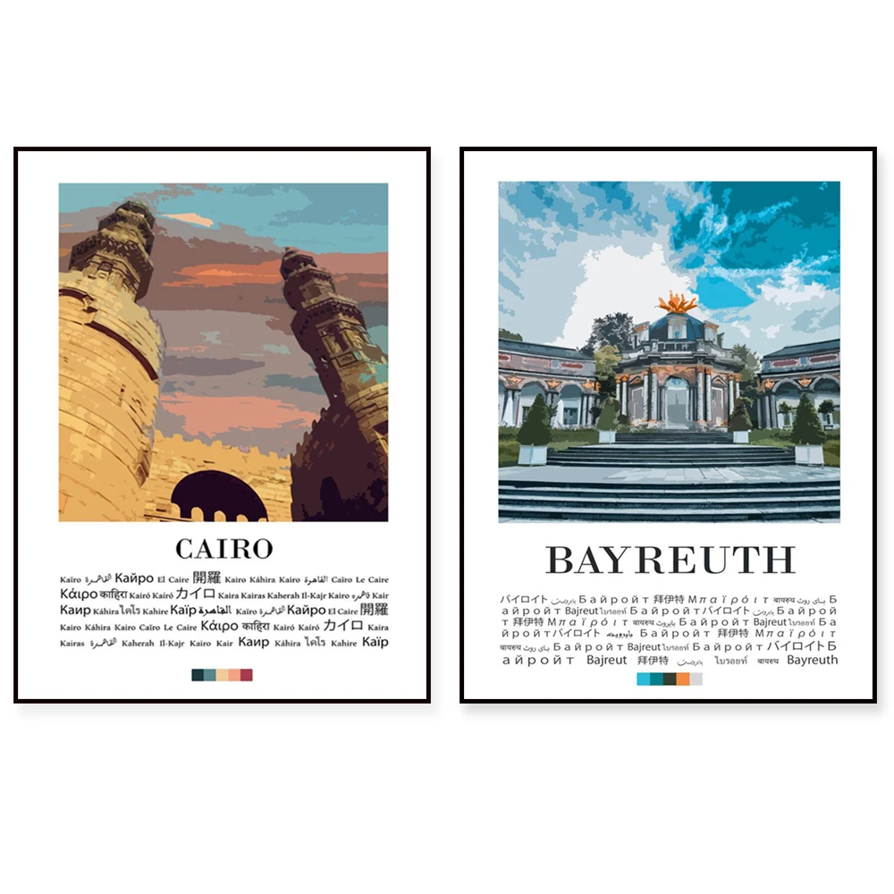 Porto Casta Ribera, Renania-Palatinado, Frankfurt am Main, El Cairo, Ciudad de las Mil Torres, Leopoldplatz, Bayreuth con póster de viaje
