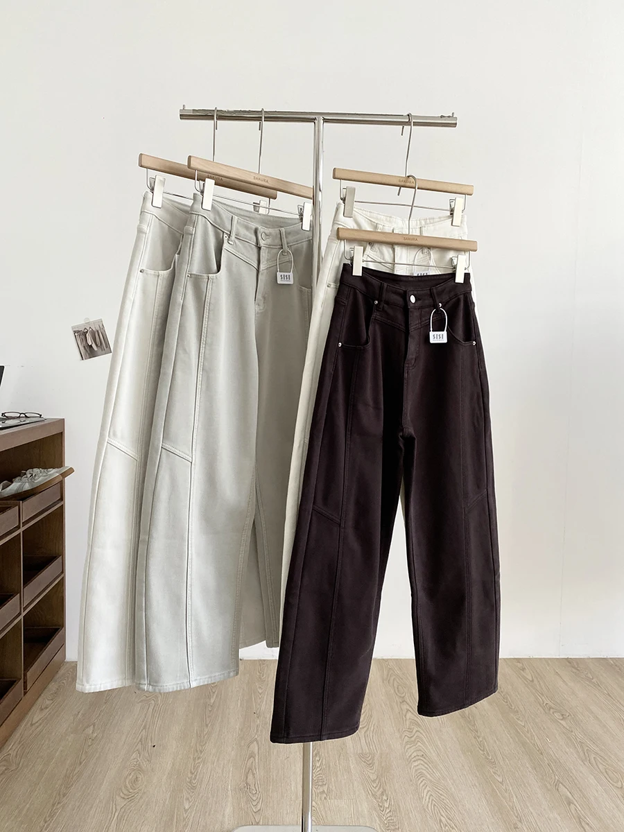 

High Waist Fleece Lined Thick Wide Leg Jeans Women's Winter New American Loose Versatile Knife Pants Casual Style Polyes...